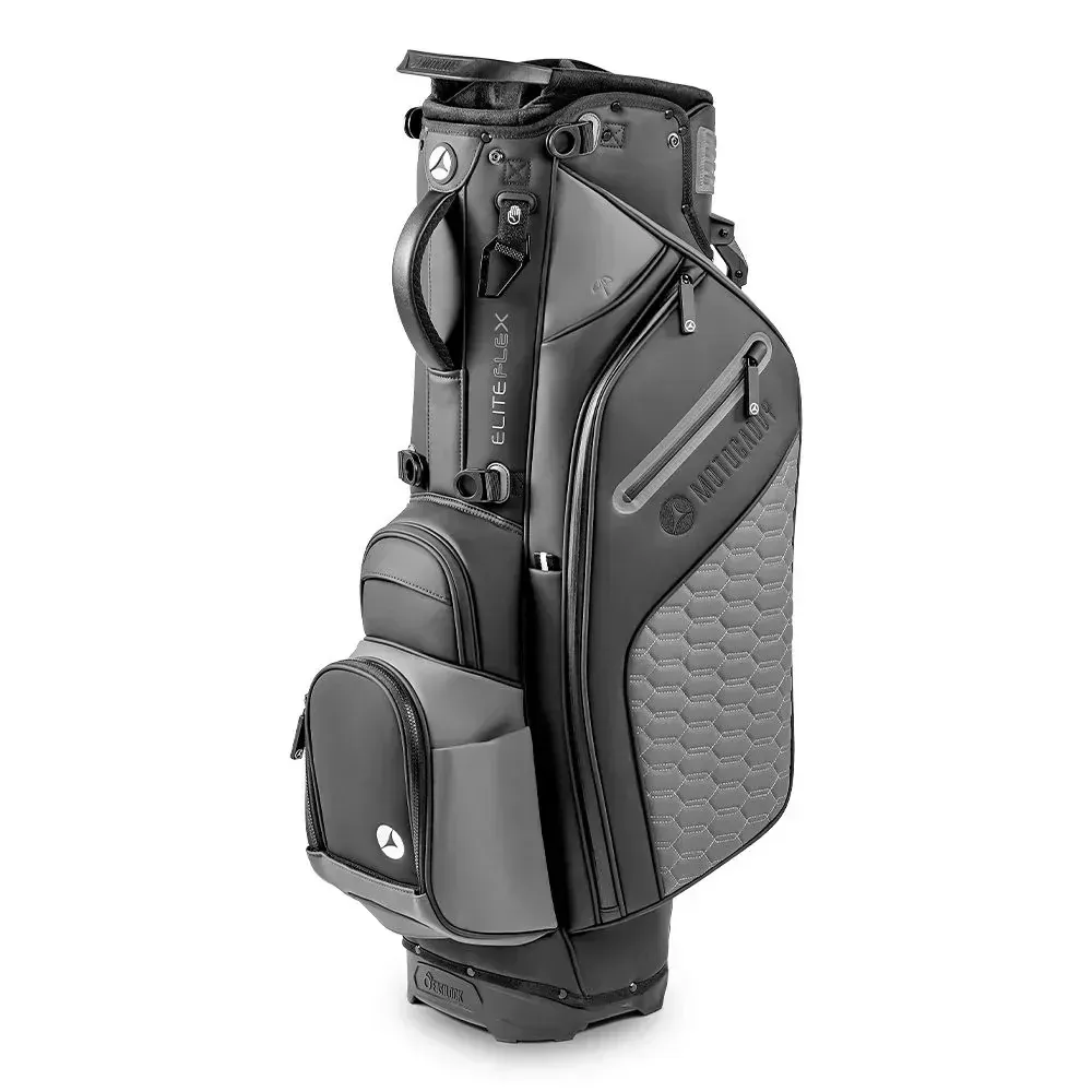 Black and gray golf bag with multiple pockets and shoulder strap, standing upright on a white background