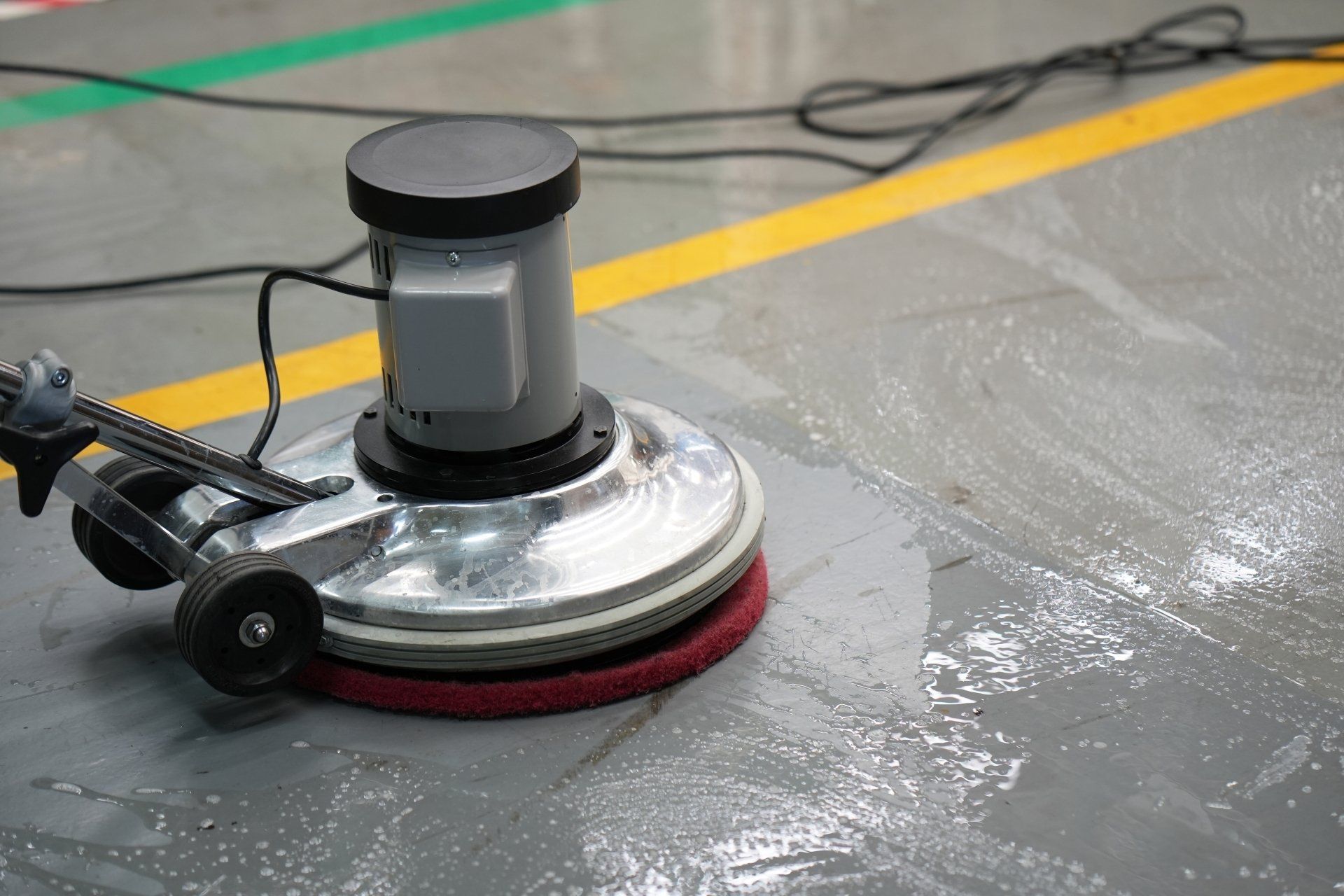 The people cleaning wash exterior walkway using polishing machine.