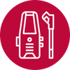 A high pressure washer icon in a red circle.