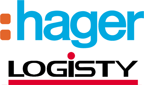 Logo di Hager Logistics con testo blu, arancione e nero e un punto rosso come accento