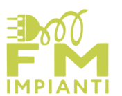 Logo verde e lime con la scritta «FM IMPIANTI» e linee stilizzate che raffigurano una spina elettrica e un cavo