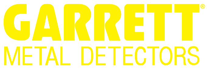 Het logo voor Garrett metaaldetectoren is geel op een witte achtergrond.