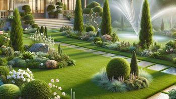 lush illustrated lawn with landscaping and sprinklers showcasing an expertise in installation maintenance and repair of their products.