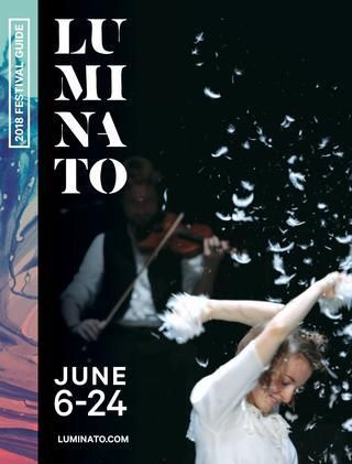 A poster for the 2018 Luminato Festival. A woman is dancing in front of a man playing a violin.