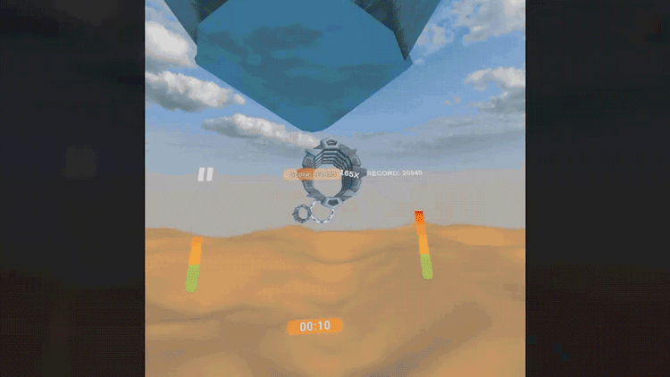 First-person VR game view with a circular target/reticle over a sandy desert scene and blue geometric shapes overhead