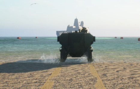 Military vehicle on a sandy beach facing the sea, with a clear sky and a small boat in the distance.