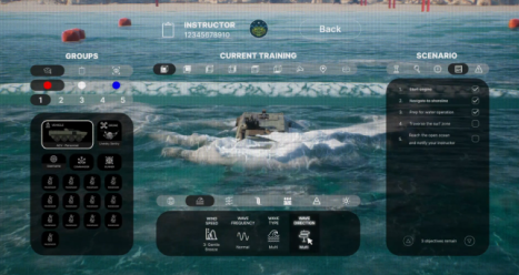 Ocean navigation game UI over a boat in rough water, with map, status panels, and on-screen controls.