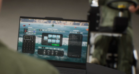 Laptop screen showing a game interface with a central dialog and side panels, viewed through blurred foreground objects
