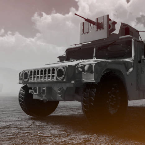 Military-style armored truck with red turret driving on a muddy beach under cloudy skies