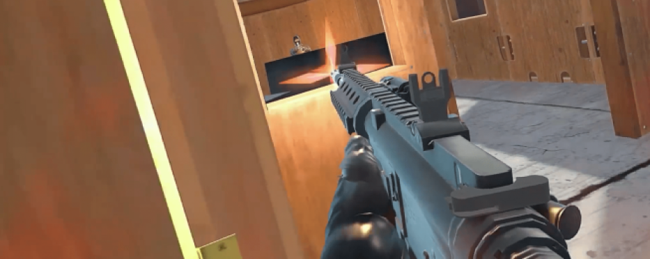 First-person view of a rifle aimed down a wooden hallway in a video game.