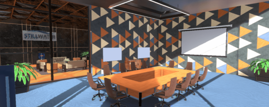 Modern conference room with orange chairs, long table, patterned geometric wall, and wall-mounted screen