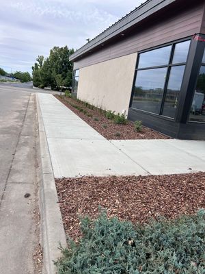 Sidewalk along a beige building with glass doors, mulch beds, and a curb beside an empty street.