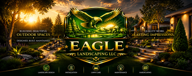 Luxury golf logo with green ribbon and gold eagle over a sunset landscape, reading “EAGLE LANDS APIN LLC”