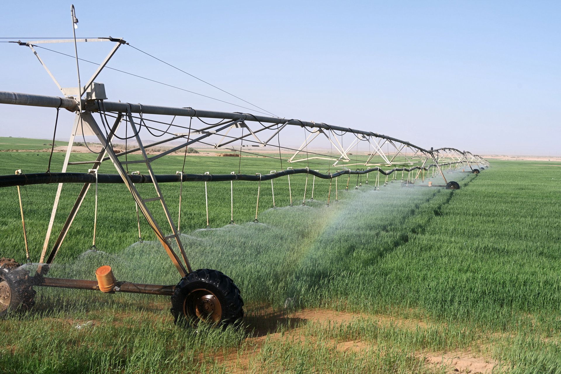 Center-pivot irrigation system watering a green field under a clear sky