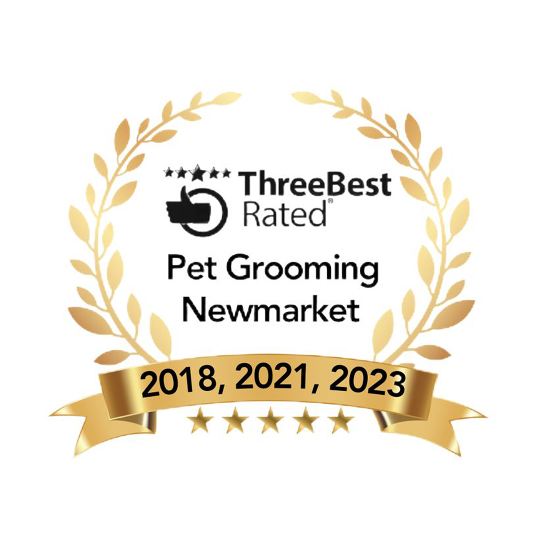 ThreeBestRated award badge for Paws in the Bath Newmarket, recognized as a Top 3 Pet Groomer in 2018, 2021, and 2023.