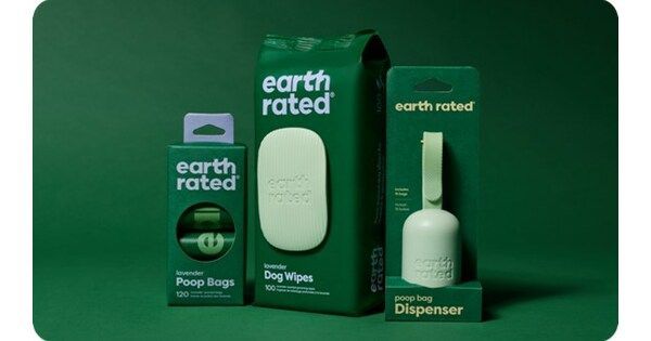Earth Rated eco-friendly dog products, including poop bags, dispensers, and wipes available at Paws in the Bath (Aurora, Bradford, Keswick, King City, Newmarket, and Toronto).