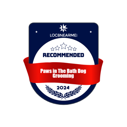 Loc8NearMe 2024 Recommended badge for Paws in the Bath Dog Grooming, awarded for top-rated grooming services in Ontario (Aurora, Bradford, Keswick, King City, Newmarket, and Toronto).