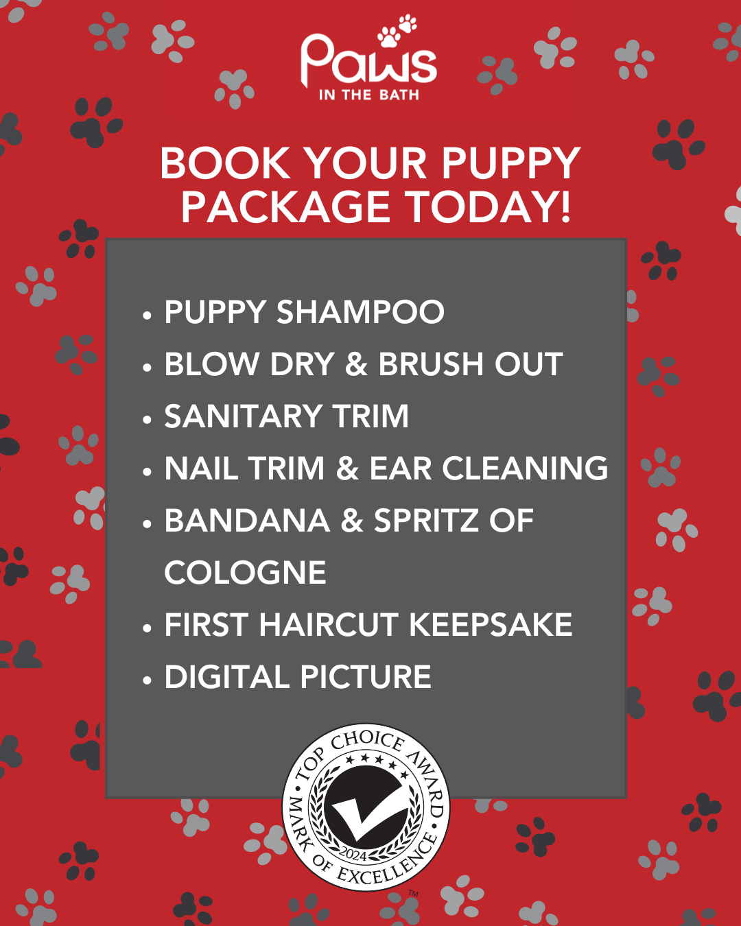 Paws in the Bath Puppy Package poster listing grooming services like shampoo, nail trim, bandana, and digital picture for new puppies (Aurora, Bradford, Keswick, King City, Newmarket, and Toronto).