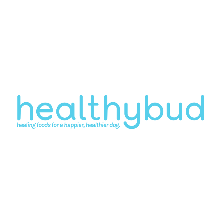 Healthybud logo with tagline “healing foods for a happier, healthier dog,” featured at Paws in the Bath pet store in Aurora, Bradford, Keswick, King City, Newmarket, and Toronto.