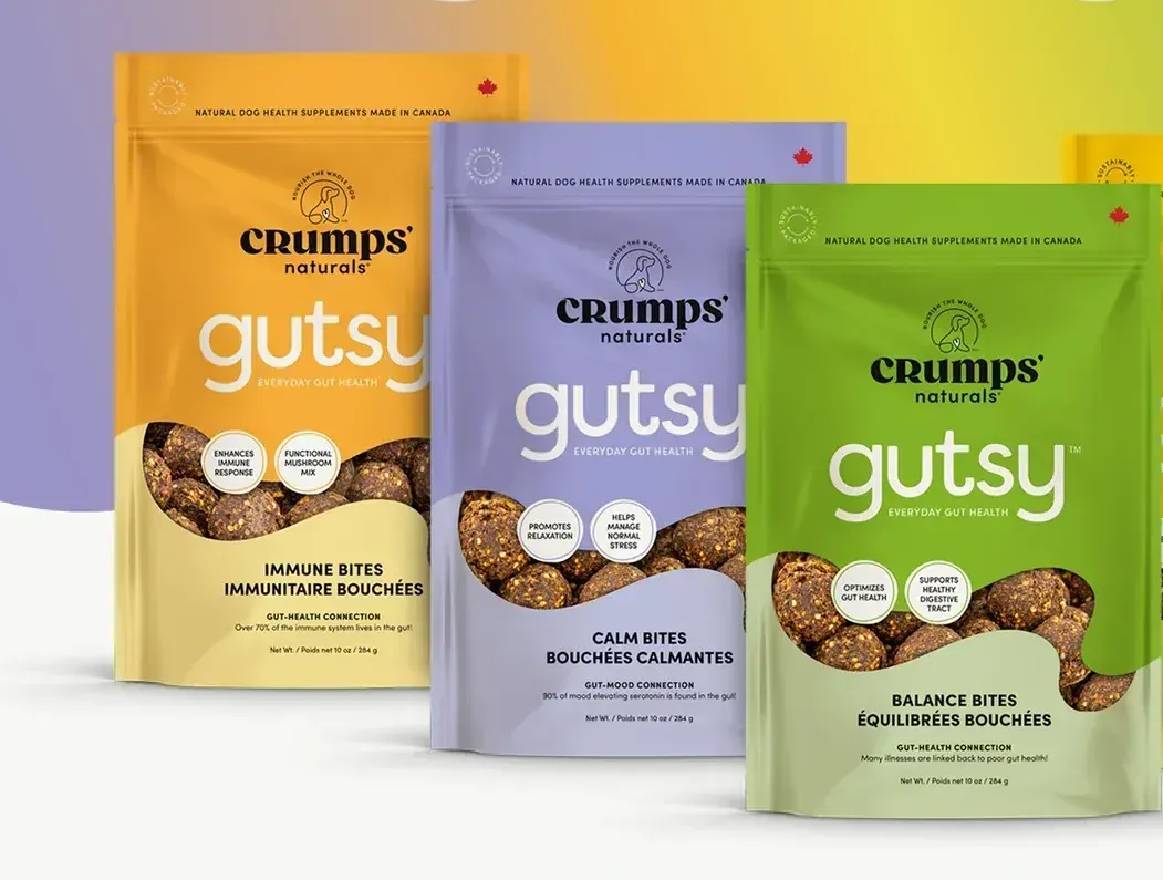 Crumps’ Naturals Gutsy dog health treats, available in immune, calm, and balance formulas, are made in Canada and sold at Paws in the Bath. (Aurora, Bradford, Keswick, King City, Newmarket, and Toronto).