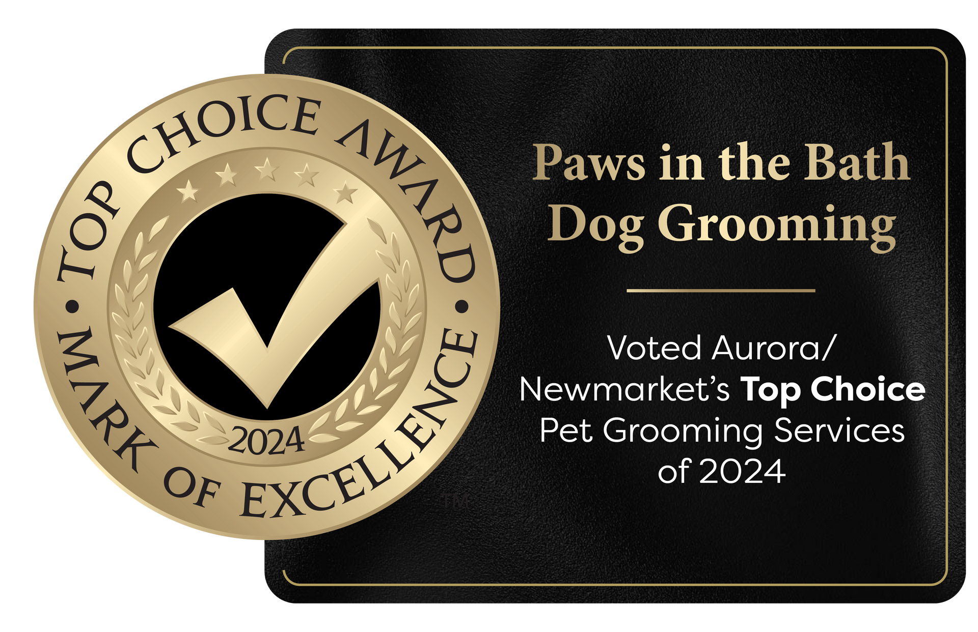 Paws in the Bath Top Choice Award 2024 badge recognizing excellence in dog grooming services in Aurora and Newmarket.