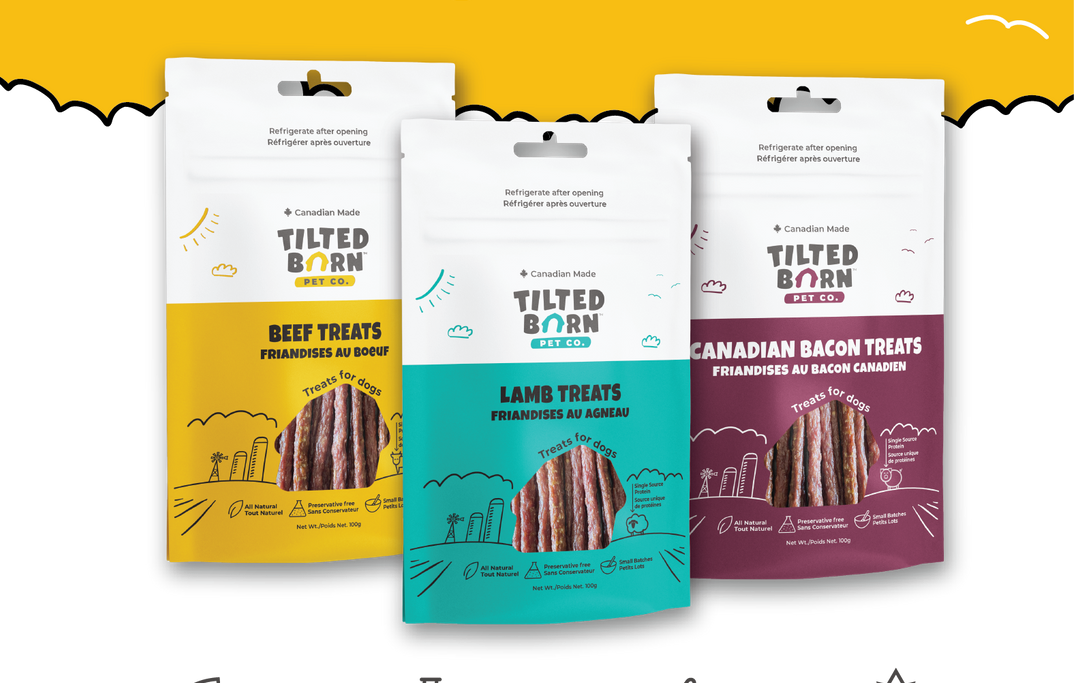 Discover Tilted Barn’s all-natural Canadian-made dog treats — beef, lamb, and bacon flavours available at Paws in the Bath locations across Ontario (Aurora, Bradford, Keswick, King City, Newmarket, and Toronto).