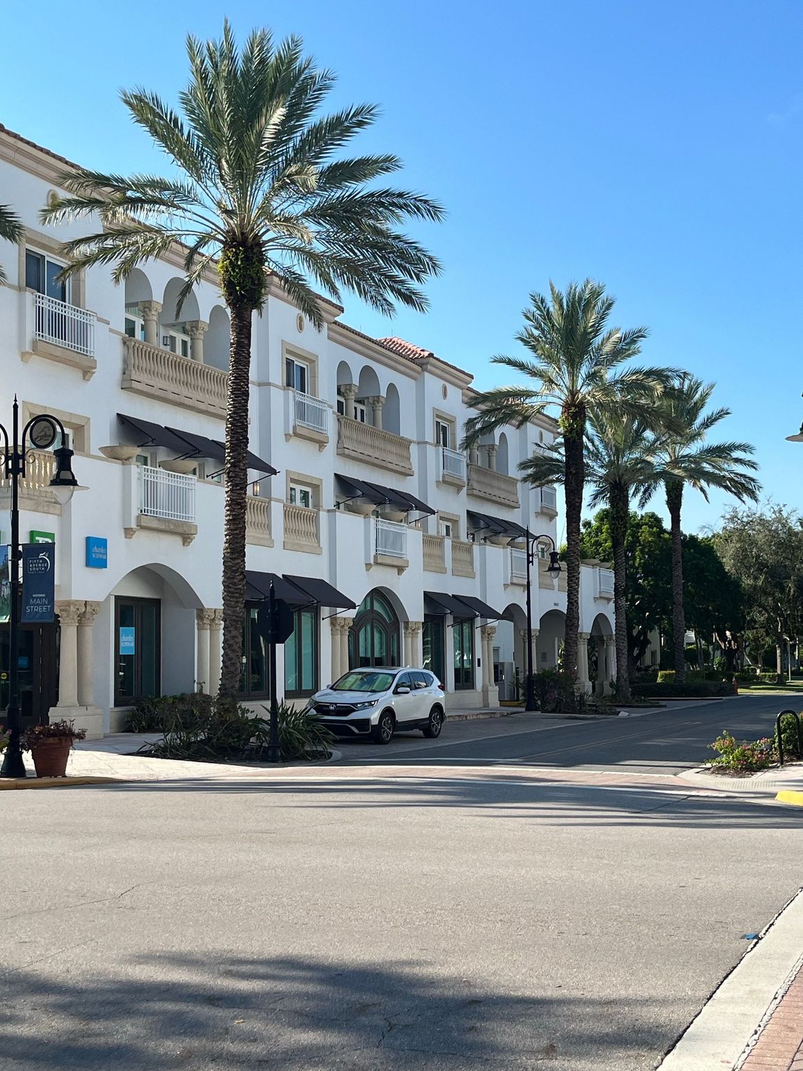 Shops and palm trees along a street in Naples, Florida