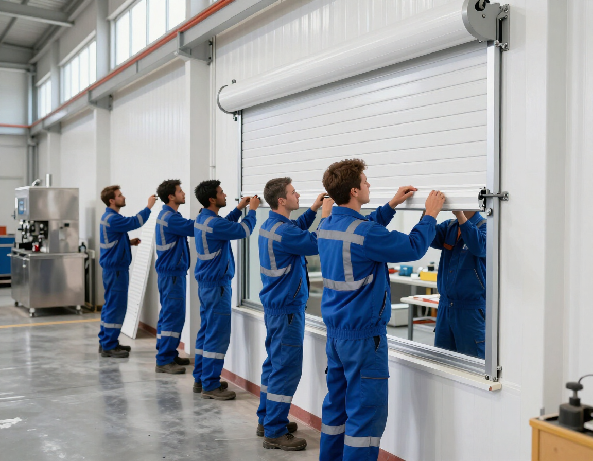 Trabajadores con uniformes azules ensamblan una gran persiana enrollable blanca en un taller luminoso.
