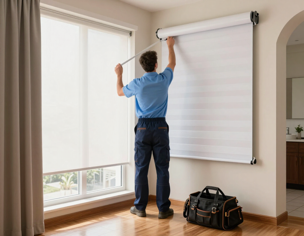 Persona instalando una persiana blanca en una habitación luminosa junto a una ventana grande.