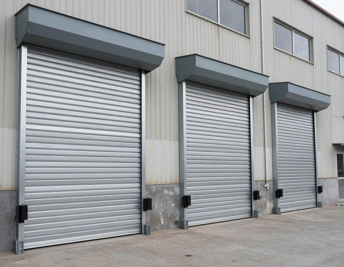 Tres puertas enrollables plateadas cerradas en un muelle de carga de un edificio industrial.