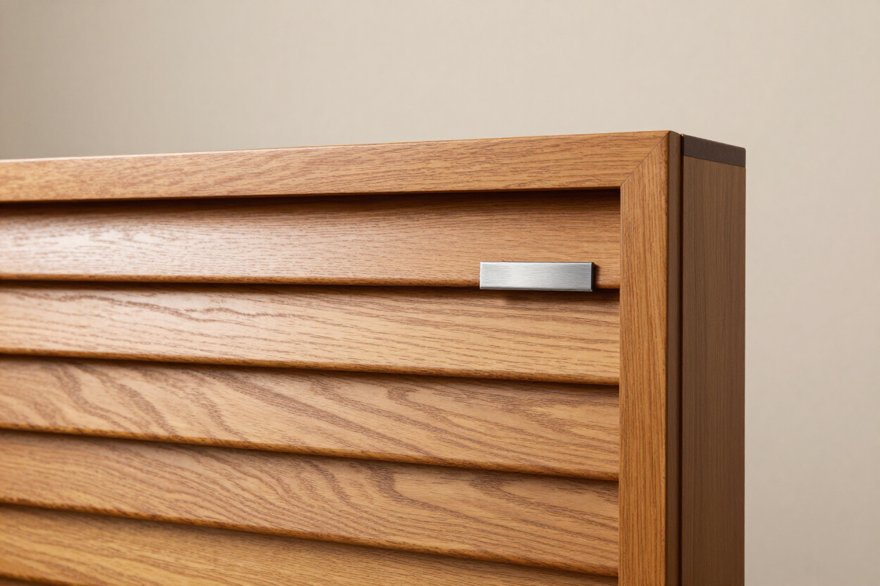 Primer plano de una cómoda de madera con listones horizontales y un tirador plateado.