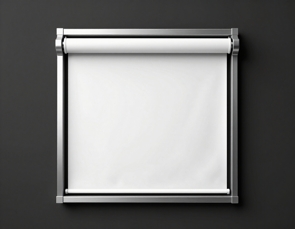 Pantalla de proyector blanca lisa con marco plateado contra una pared oscura