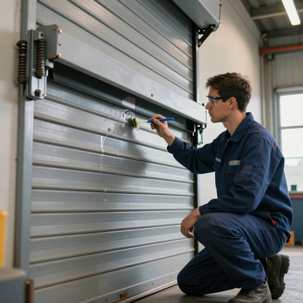 Técnico inspeccionando una puerta enrollable metálica con una linterna en un garaje industrial.
