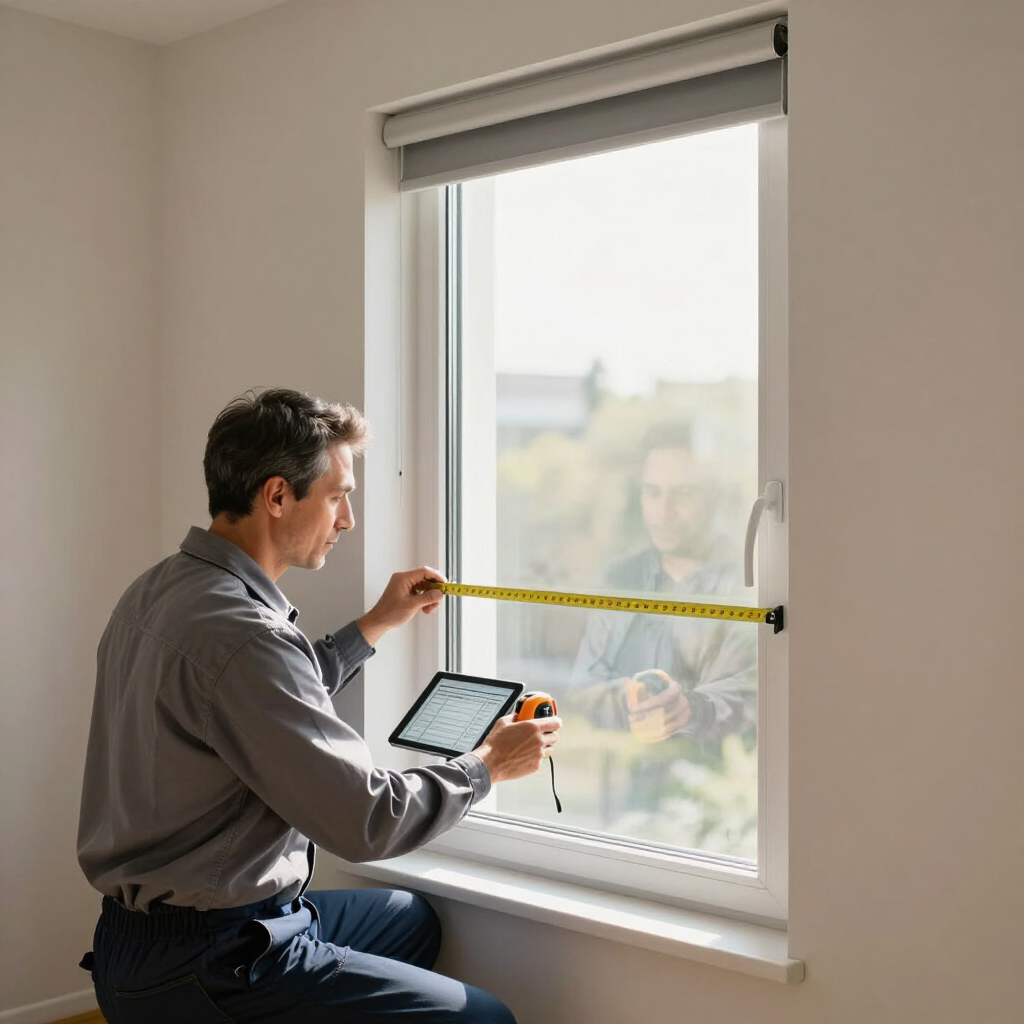 Un trabajador mide una ventana con una cinta métrica mientras usa una tableta, en el interior de un edificio.