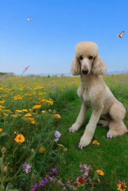 A poodle is sitting in a field of flowers.