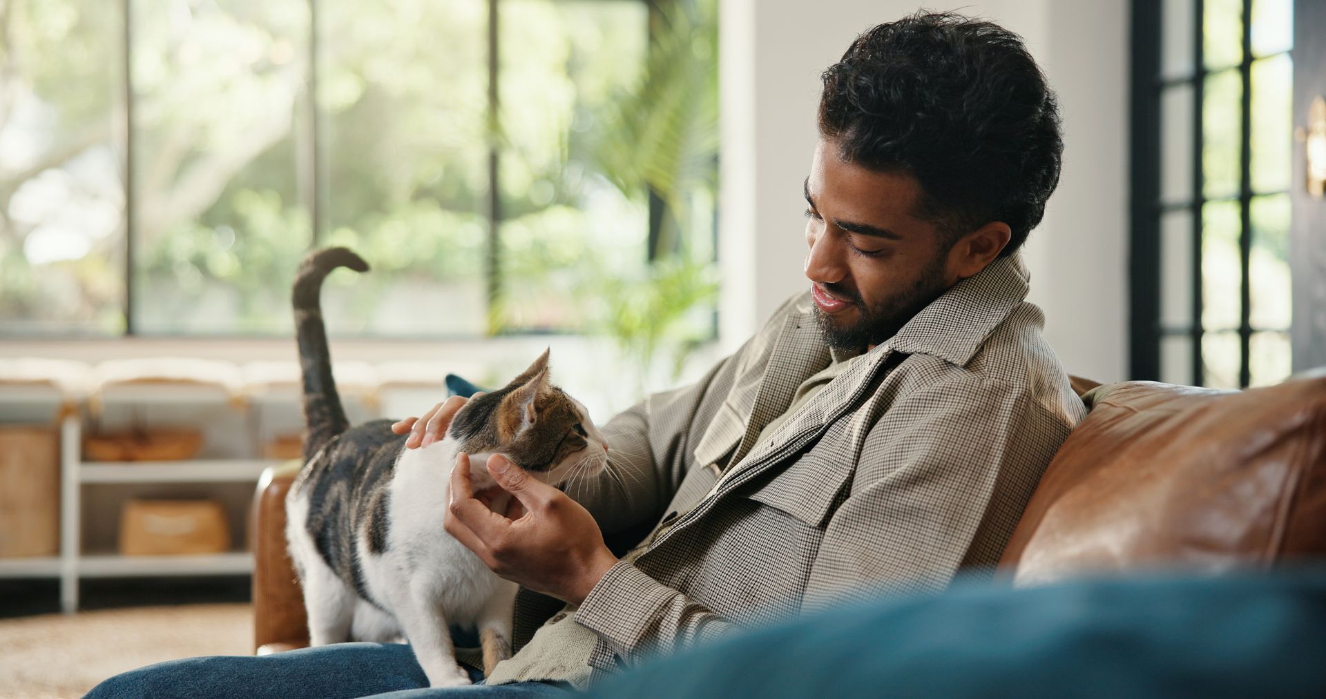 Man sitting on a couch petting a calico cat in a bright living room