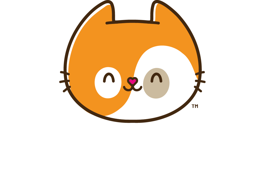 Orange-and-white cartoon cat face logo with a smiling expression and small ears