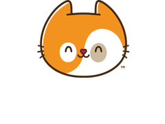 Orange-and-white cartoon cat face logo with a smiling expression and small ears