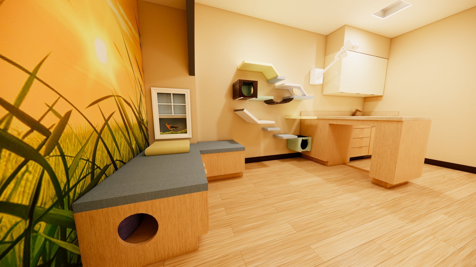 Modern cat playroom with wooden furniture, ramps, steps, and a large sunny wall mural.