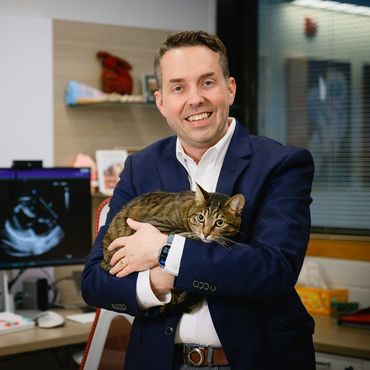 Man in navy blazer holding a tabby cat in a veterinary office, with an ultrasound scan on a monitor in the background