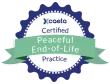 XCeta Certified Peaceful End-of-Life Practice badge in blue, green, and white with ribbon banner