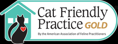 Cat Friendly Practice GOLD logo with black cat silhouette in teal house icon