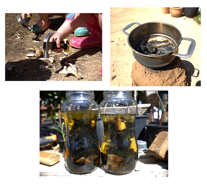 A collage of pictures shows a child playing in the dirt and two jars of liquid