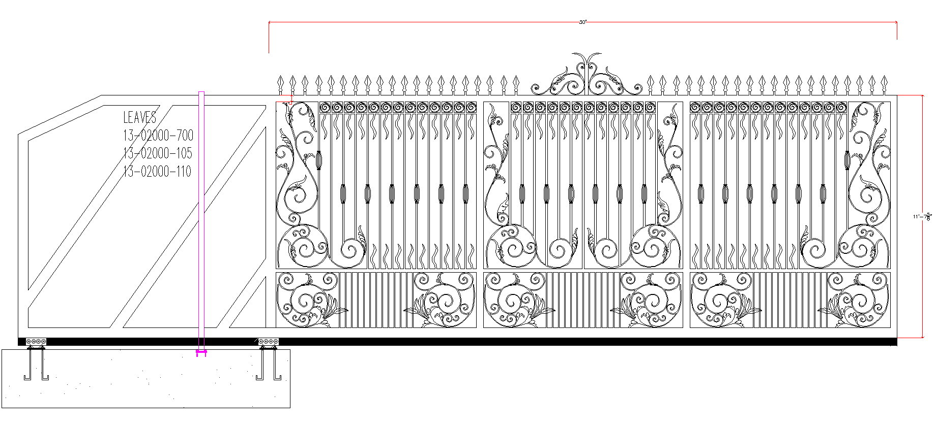 Ornate black and white wrought iron gate with decorative details and pillars.