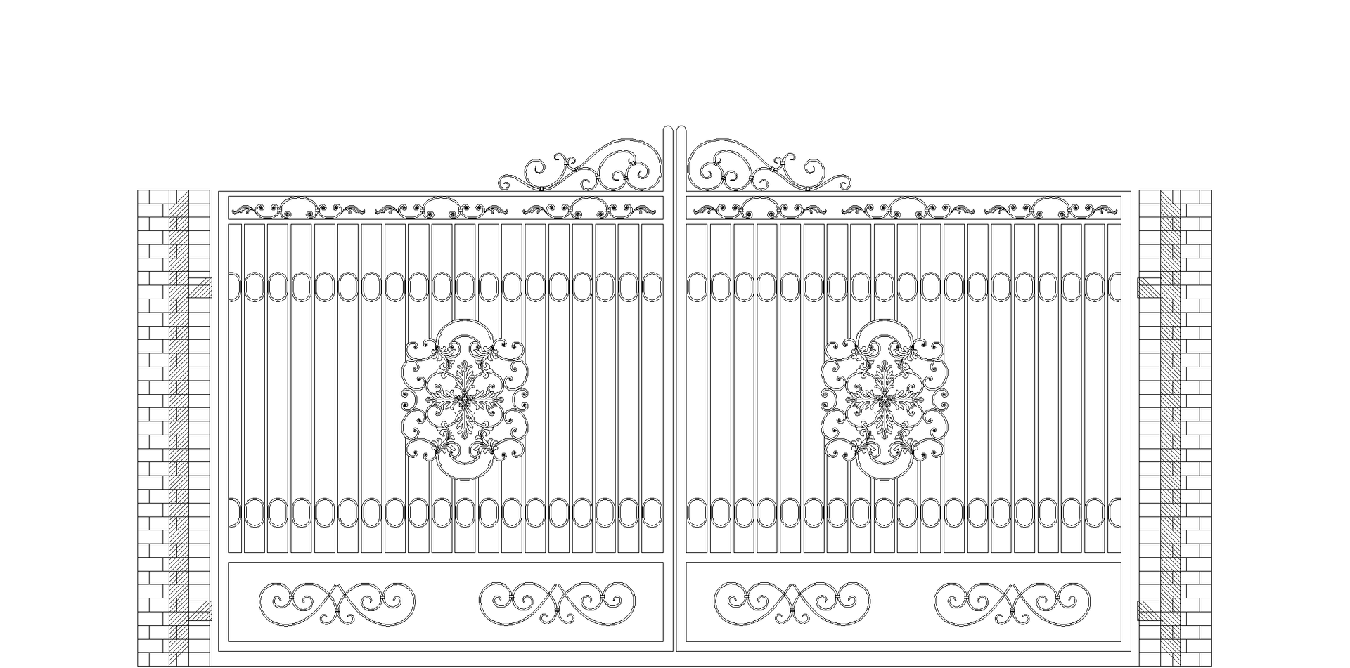 Black and white detailed drawing of an ornate wrought-iron gate, with decorative scrollwork and vertical bars.