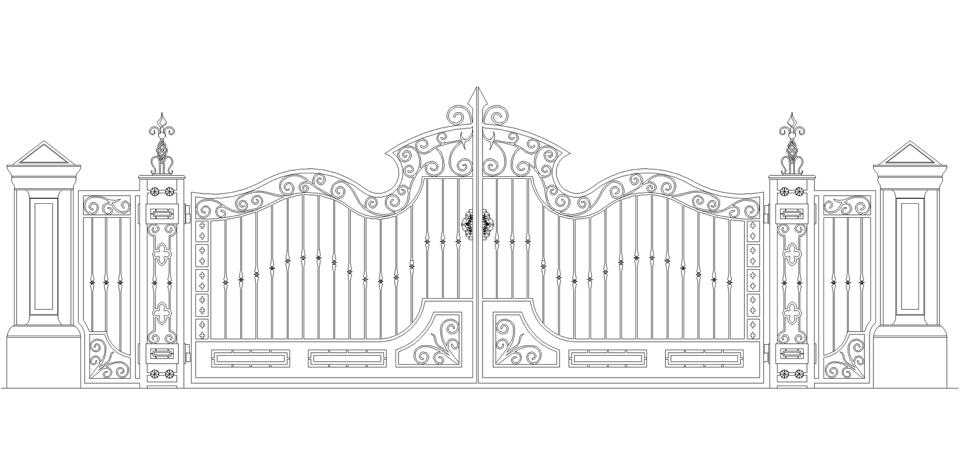 Ornate black and white wrought iron gate with decorative details and pillars.