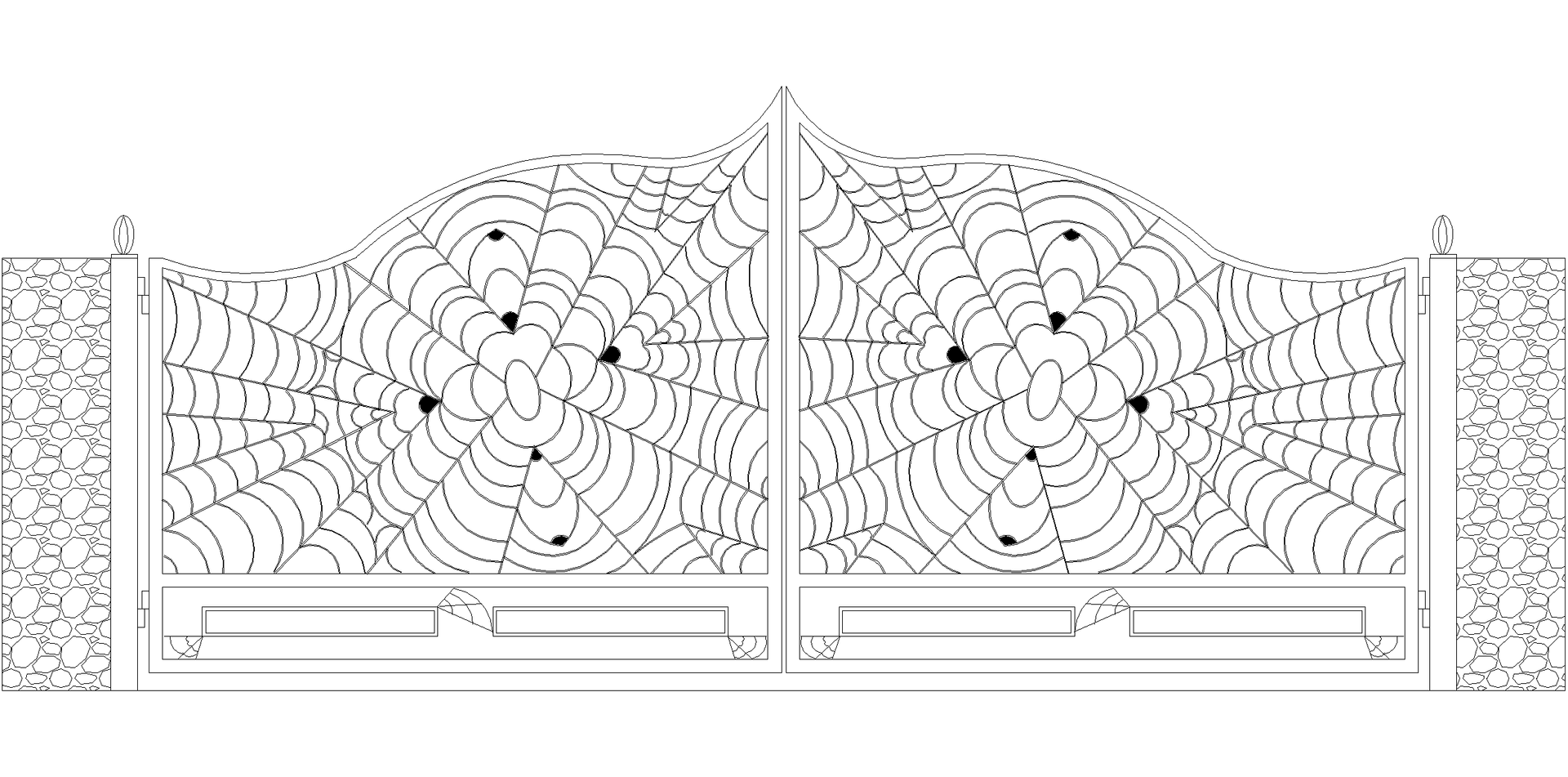 Gate with spiderweb design, black and white.