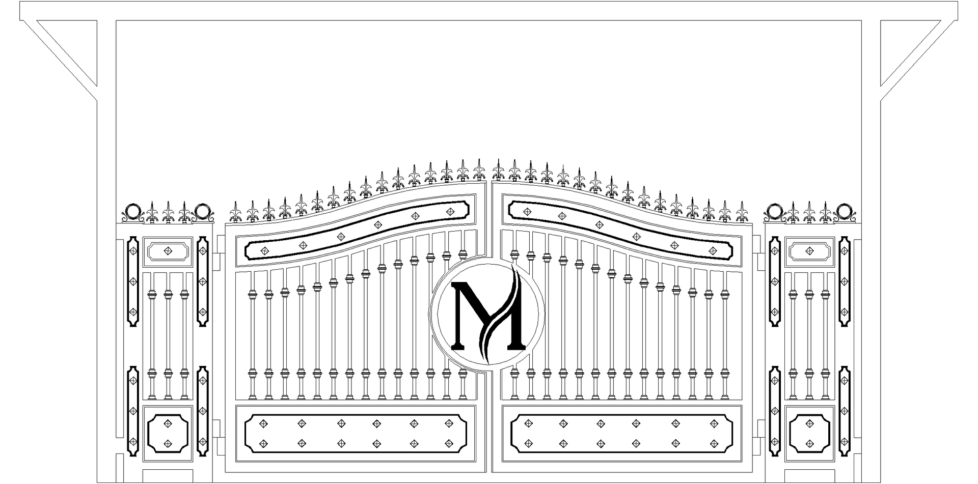 Black and white gate with a stylized letter 
