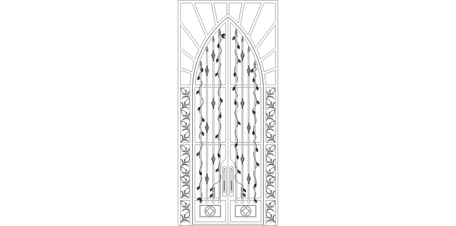 Black and white architectural rendering of a decorative door.