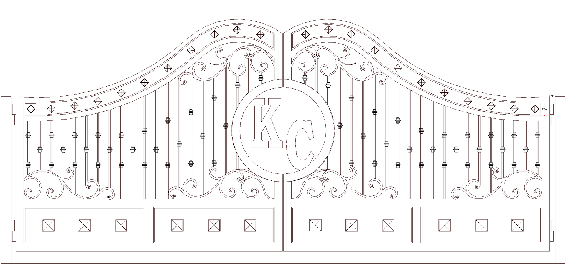 White, ornate iron gate. Features vertical bars, decorative scrollwork, and a circular emblem in the center.